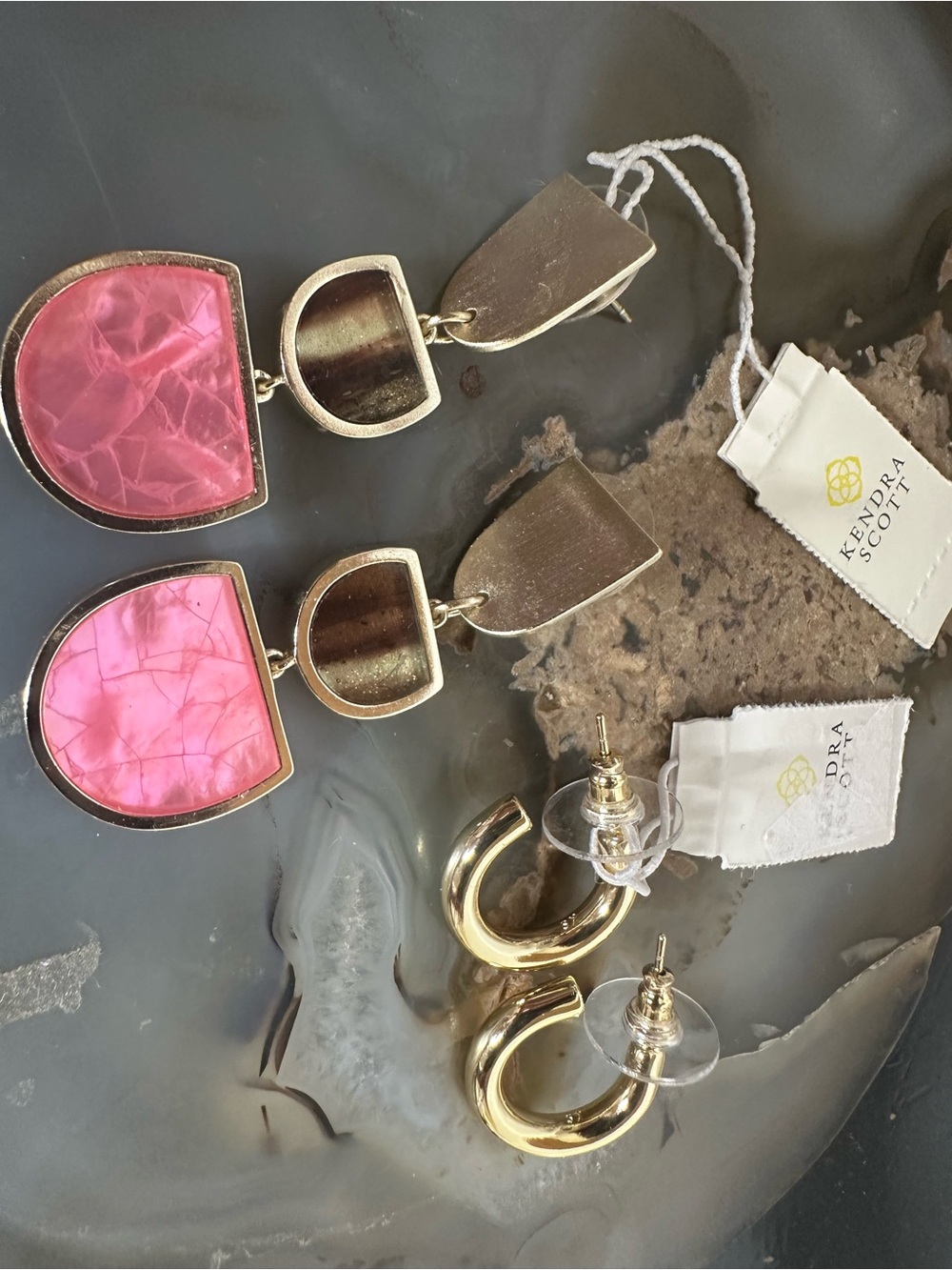 Kendra Scott Gold and Pink Drop Statement Earrings and gold hoops - Picture 3 of 6